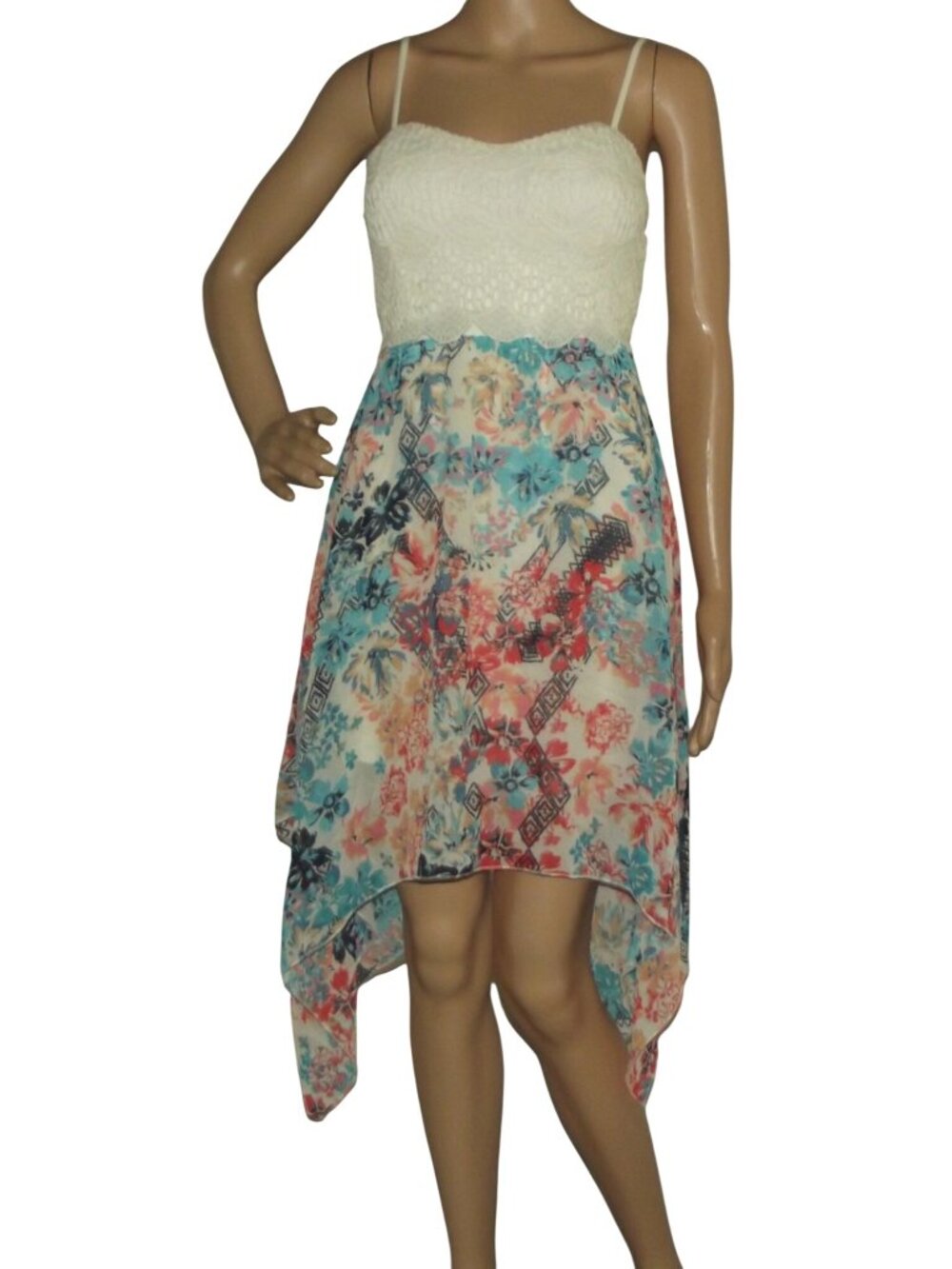 Almost Famous Dress Womens XS Sleeveless Sundress beige lace hanky hem open back